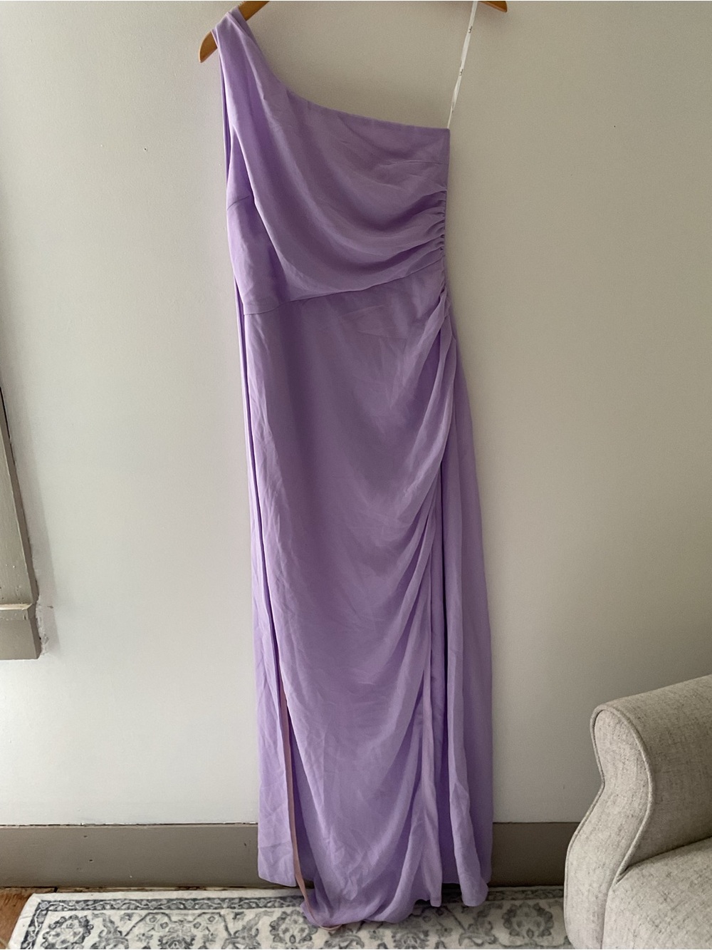 Lulus Adeline Lavender One-Shoulder Scarf Column Ruched Chiffon Maxi Dress M - Picture 5 of 13